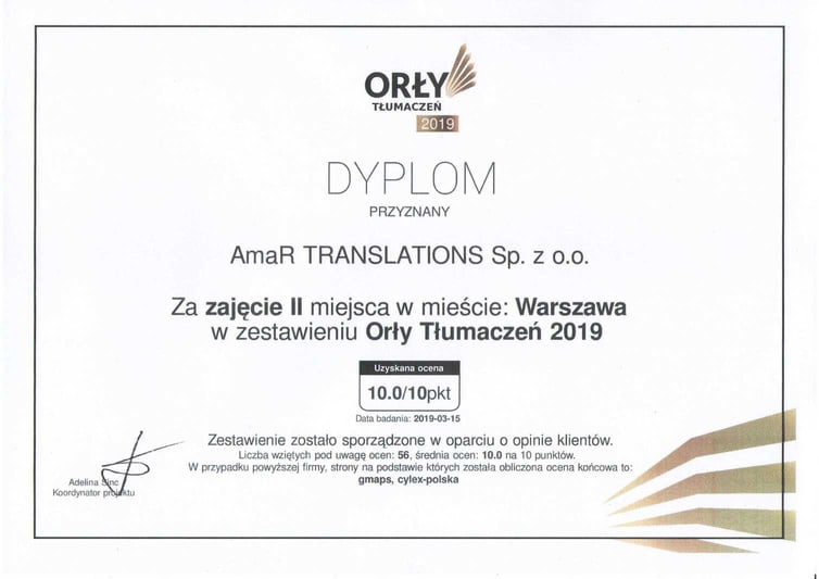 Dyplom dla tłumacz przysięgły angielskiego Warszawa Centrum, który jest Laureatem Orłów Tłumaczeń  2019 - to nagroda dla tłumacza przysięgłego angielskiego w Warszawie w Centrum