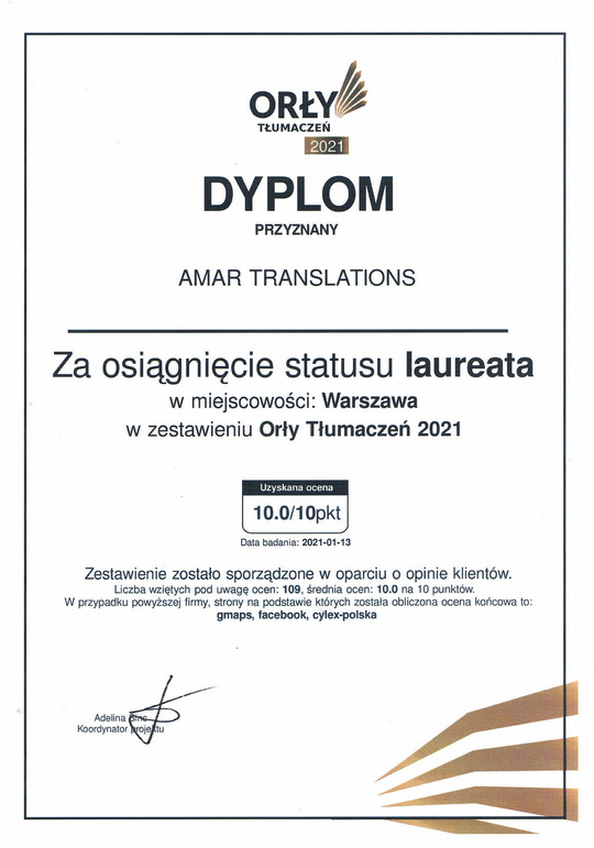 Dyplom dla tłumacz przysięgły angielskiego Warszawa Centrum, który jest Laureatem Orłów Tłumaczeń  2021 - to nagroda dla tłumacza przysięgłego angielskiego w Warszawie w Centrum